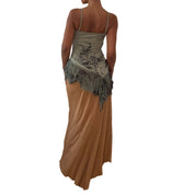 French vintage 2000s sage green graphic camisole top with floral print & asymmetric hem
