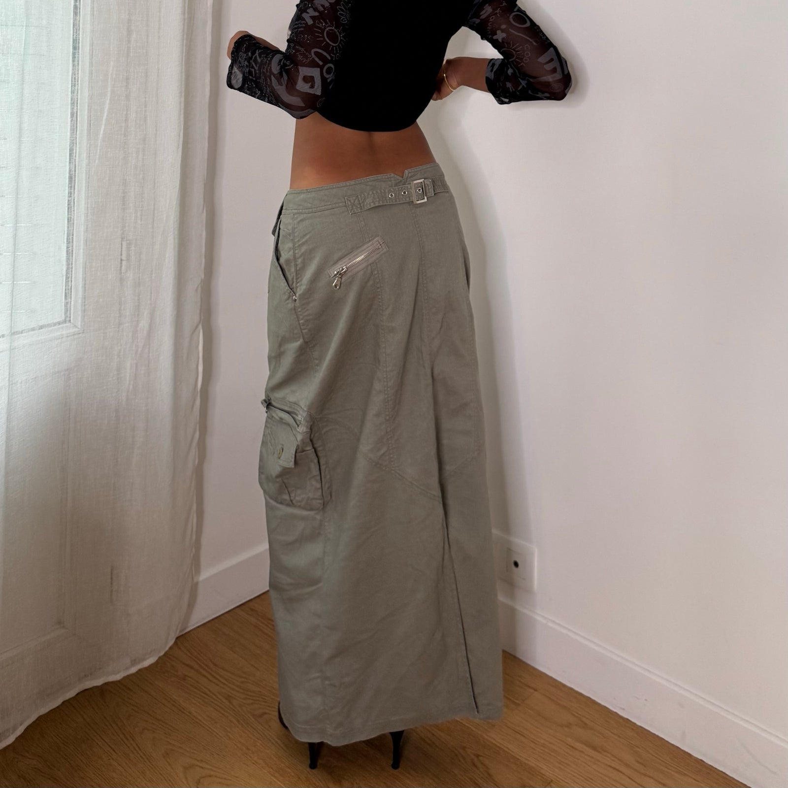 Italian vintage Y2K sage grey linen & cotton cargo maxi skirt with utility pockets & low-rise waist