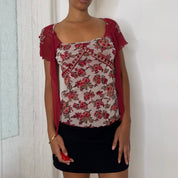 Italian vintage burgundy floral mesh top with beaded sleeves