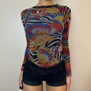 Vintage Y2K Euro Graphic Sheer Mesh Top (XS/S)