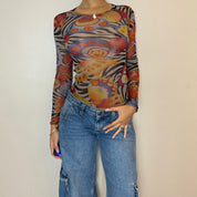 Vintage Y2K Euro Graphic Sheer Mesh Top (XS/S)