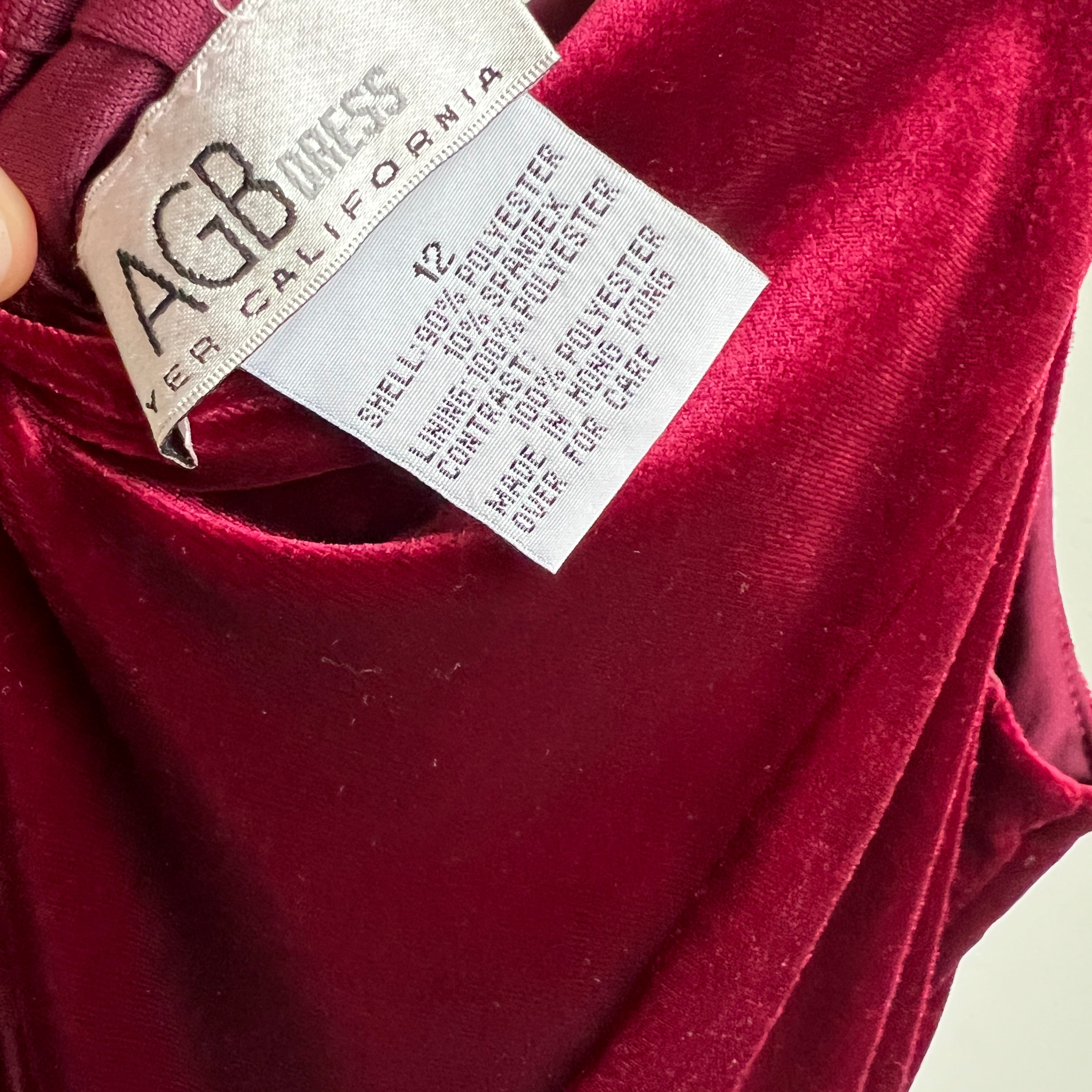 Vintage 90s Burgundy velvet maxi dress with mermaid ruffle trim (L/XL)