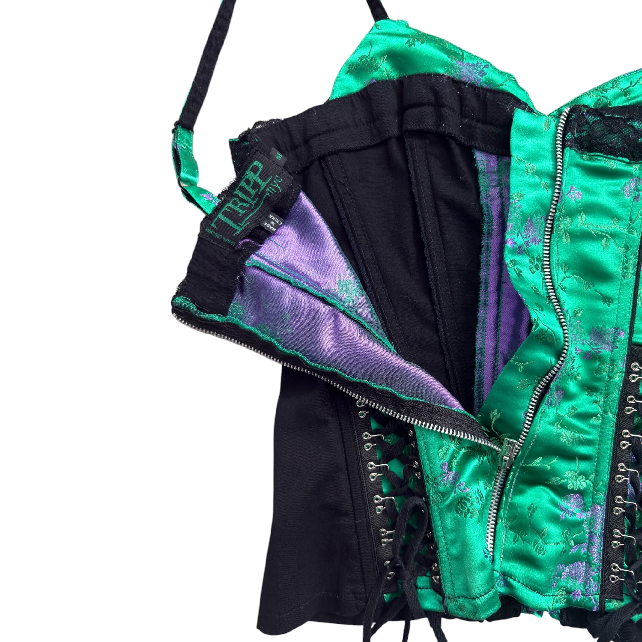 Tripp NYC green satin and black lace-up corset/bustier tank (M)