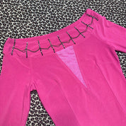 Pink Mesh Cutout Neckline Beaded Boatneck Long Sleeve (S)