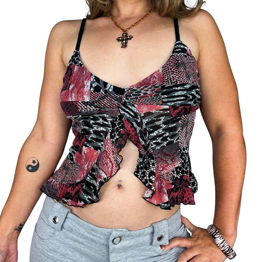 French Y2K Animal Print Mesh Ruffle Cutout Cami (M)
