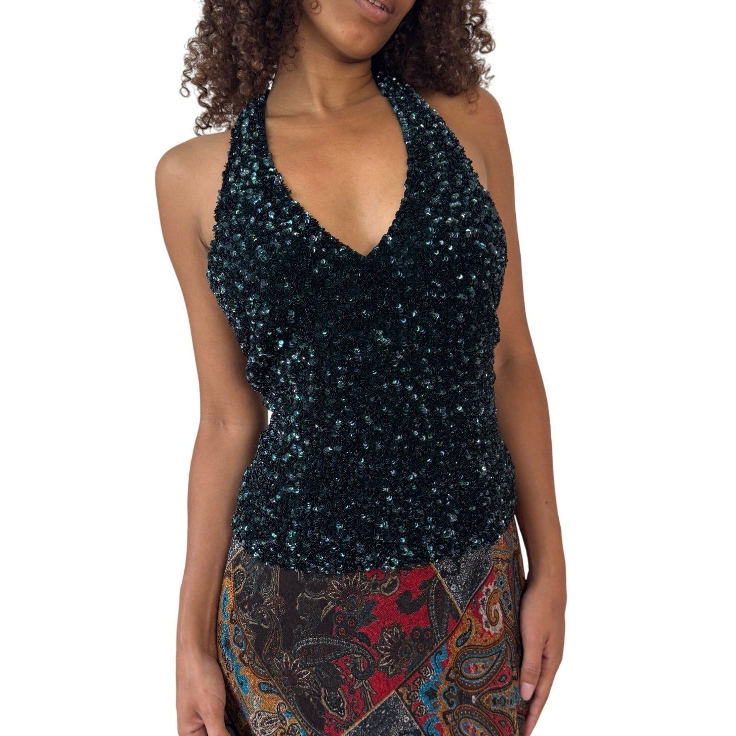 Vintage Sequin Silk Halter Top (M)