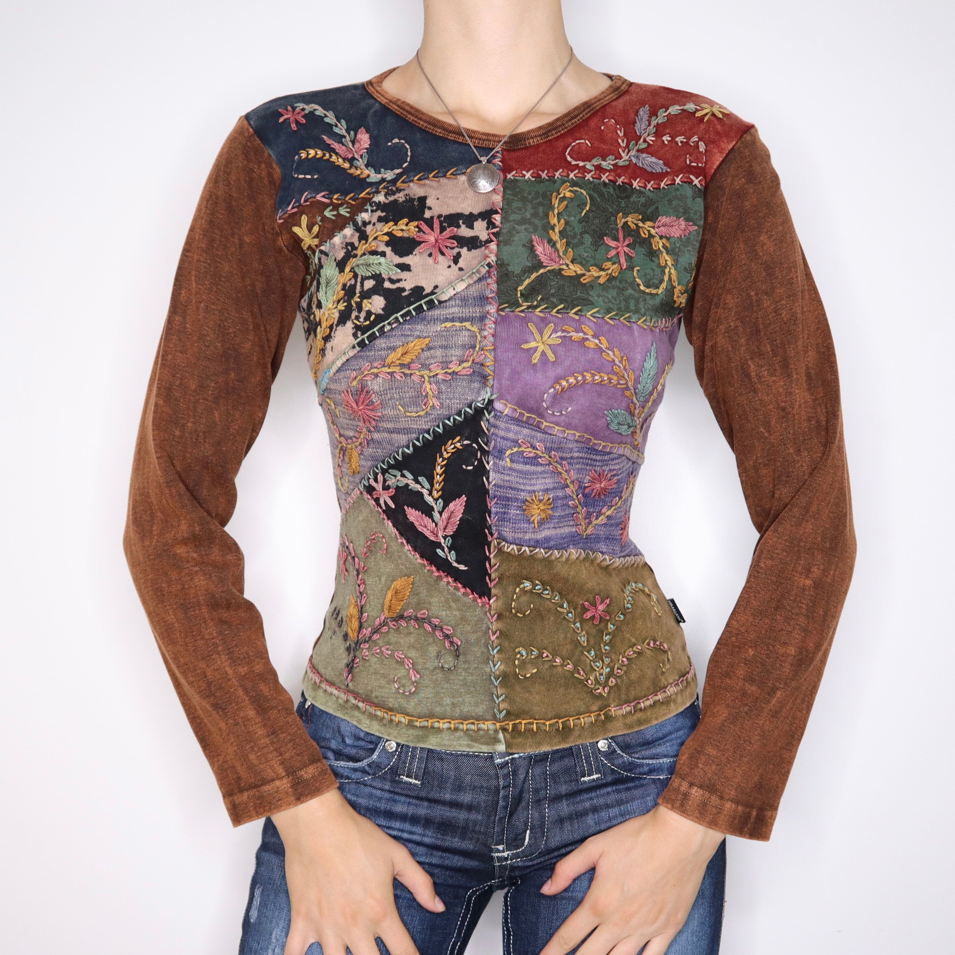 Y2K Boho Patchwork Long Sleeve Top (S)