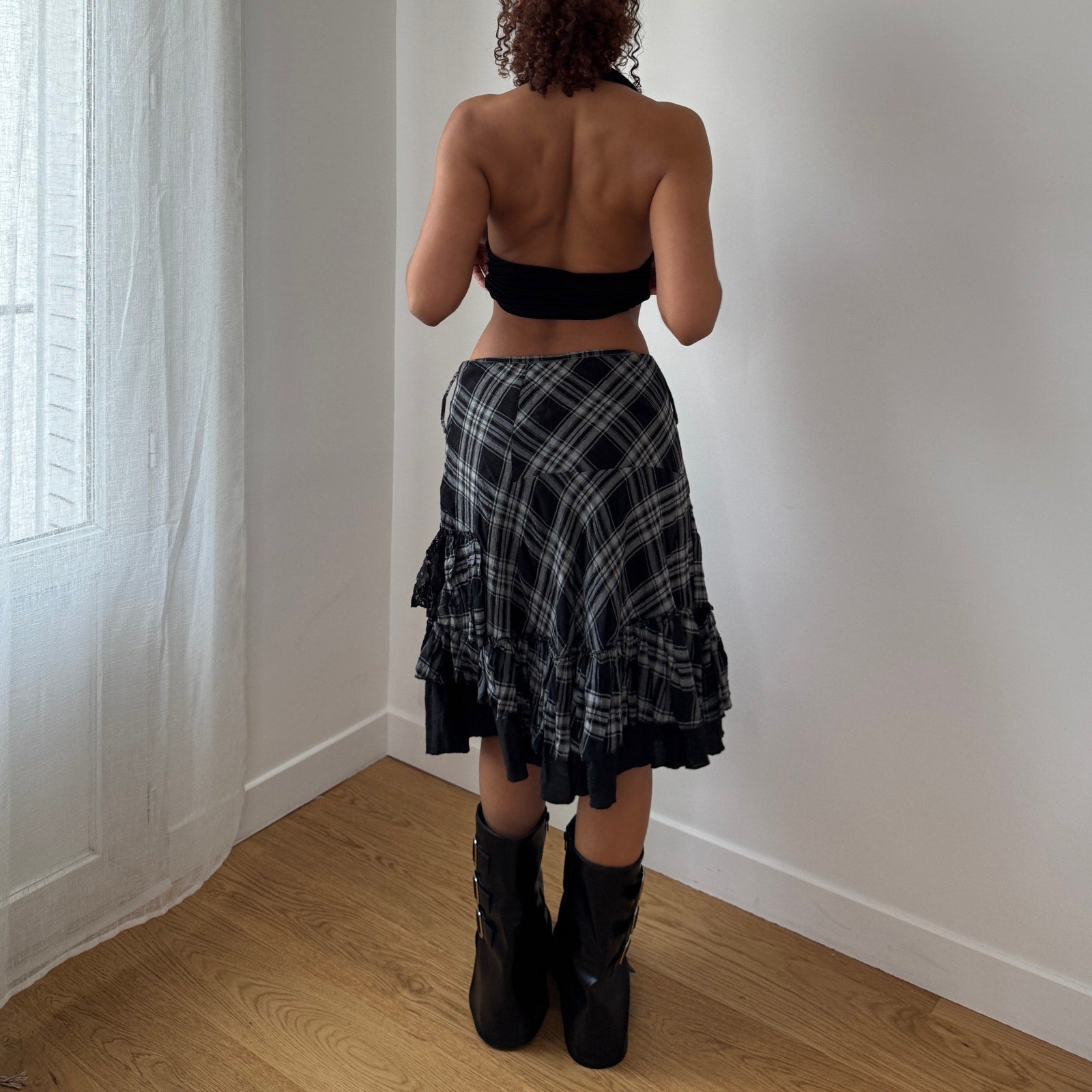 Vintage Plaid Lace Panel Midi Skirt (S)