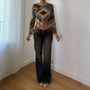 Vintage Brown Blue Geometric Glitter Mesh Top (S) ⠀