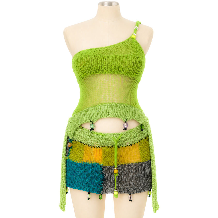 Lime Green Knit Top & Patchwork Mini Skirt Set (XS-2XL)