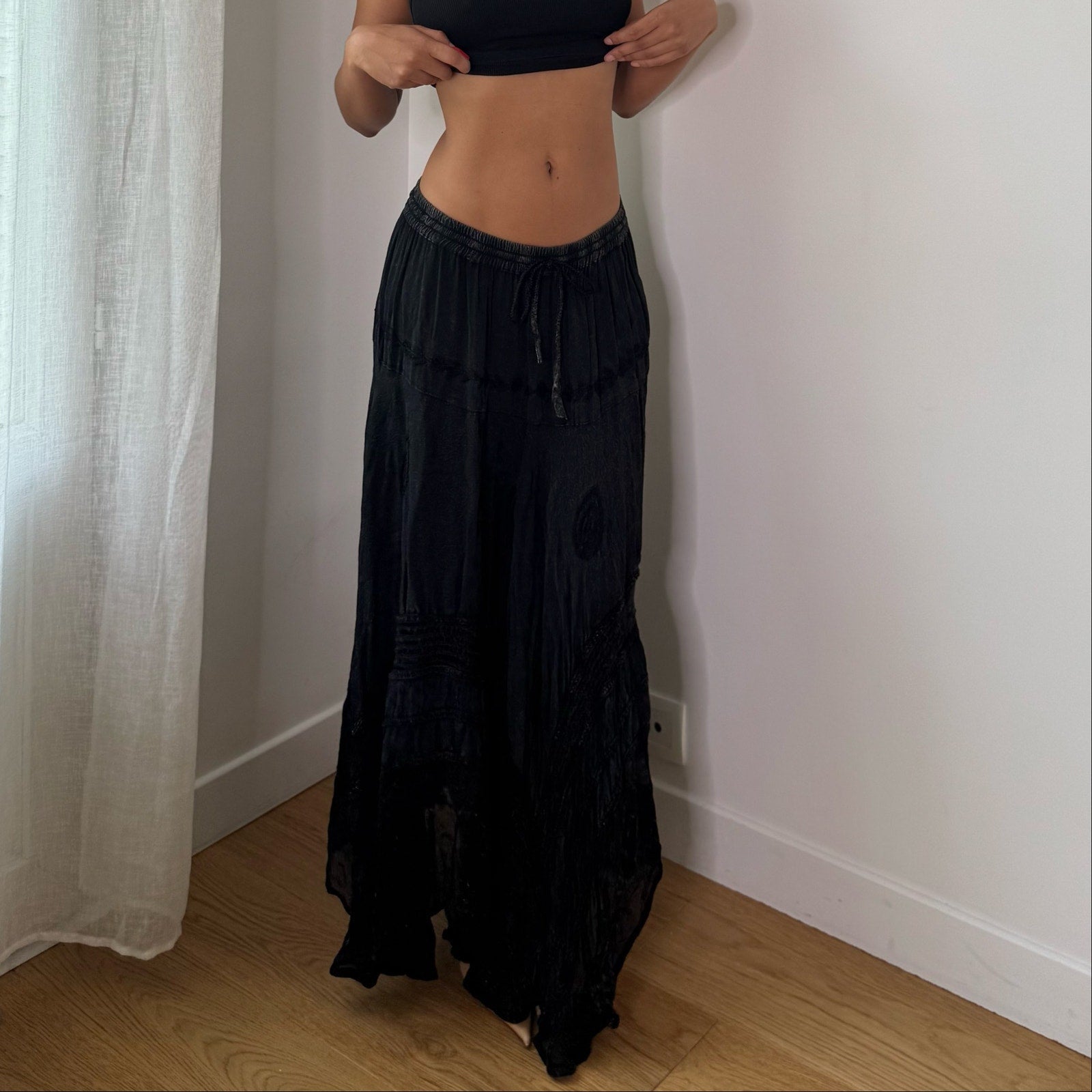 Vintage Black Lace Patchwork Maxi Skirt (S/M)