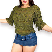 90s Mossy Crochet Ruffle Top (M)