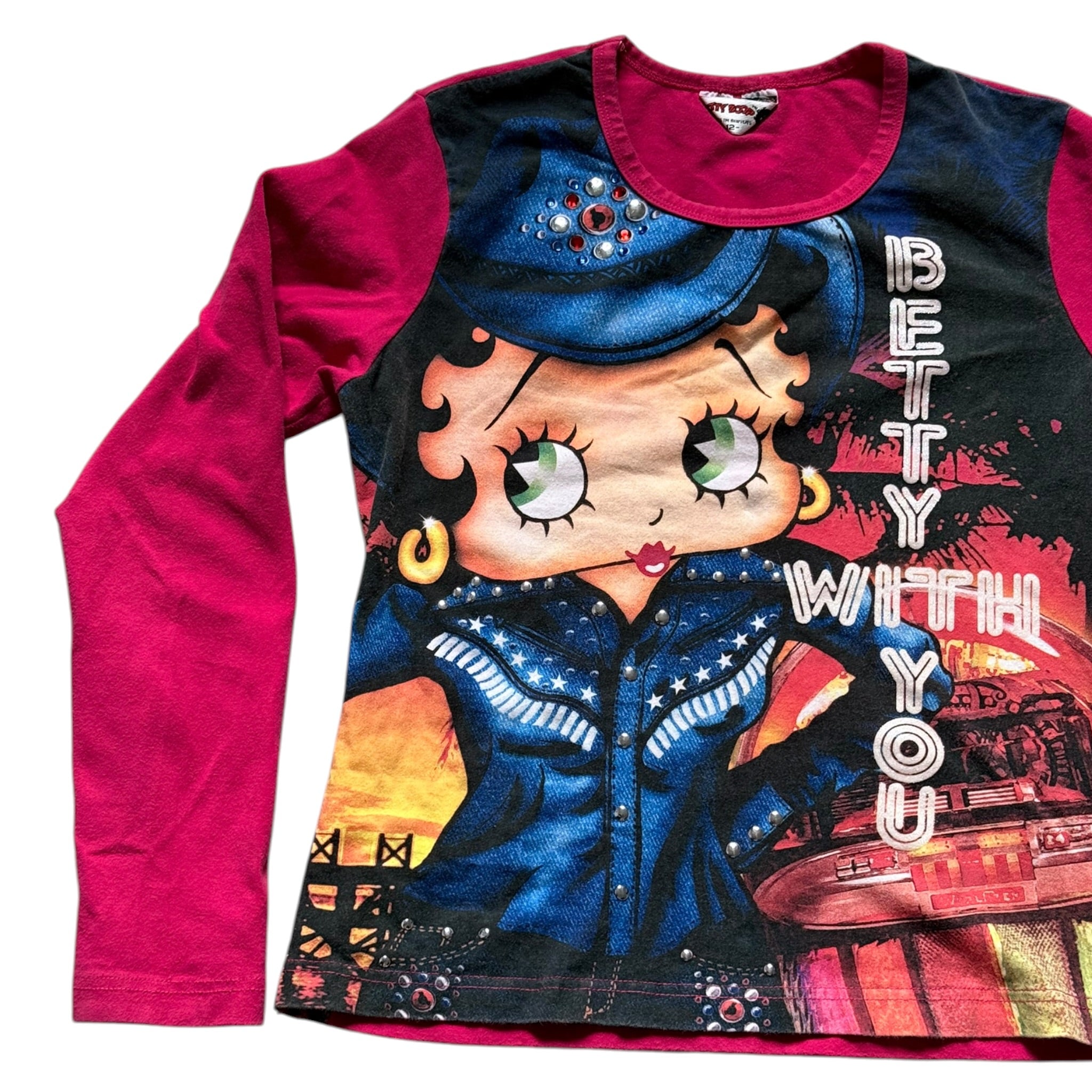 Y2K Betty Boop "Rodeo Cutie" long-sleeve pink western graphic top embellished (M)