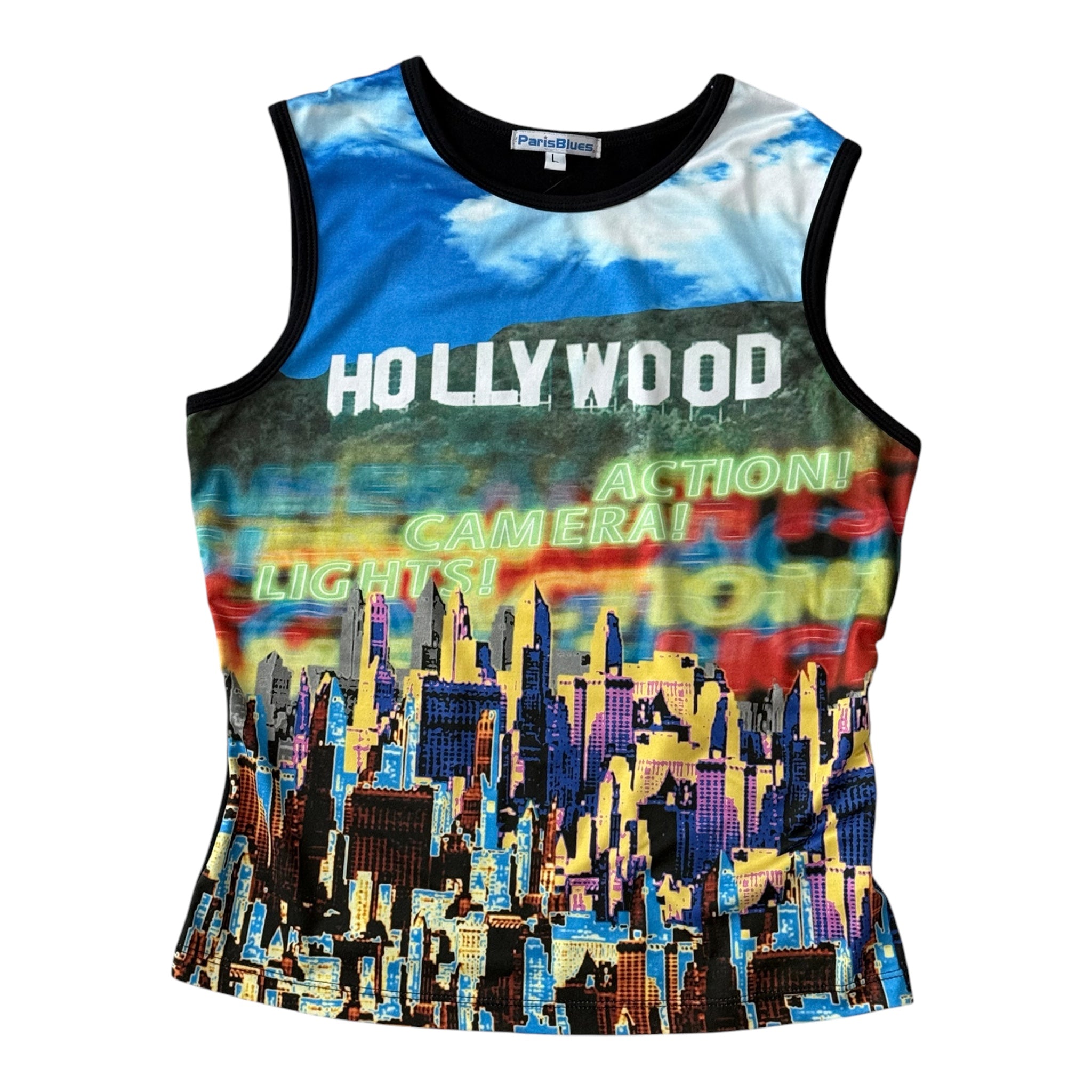 Y2K Paris blues Hollywood graphic top (L)