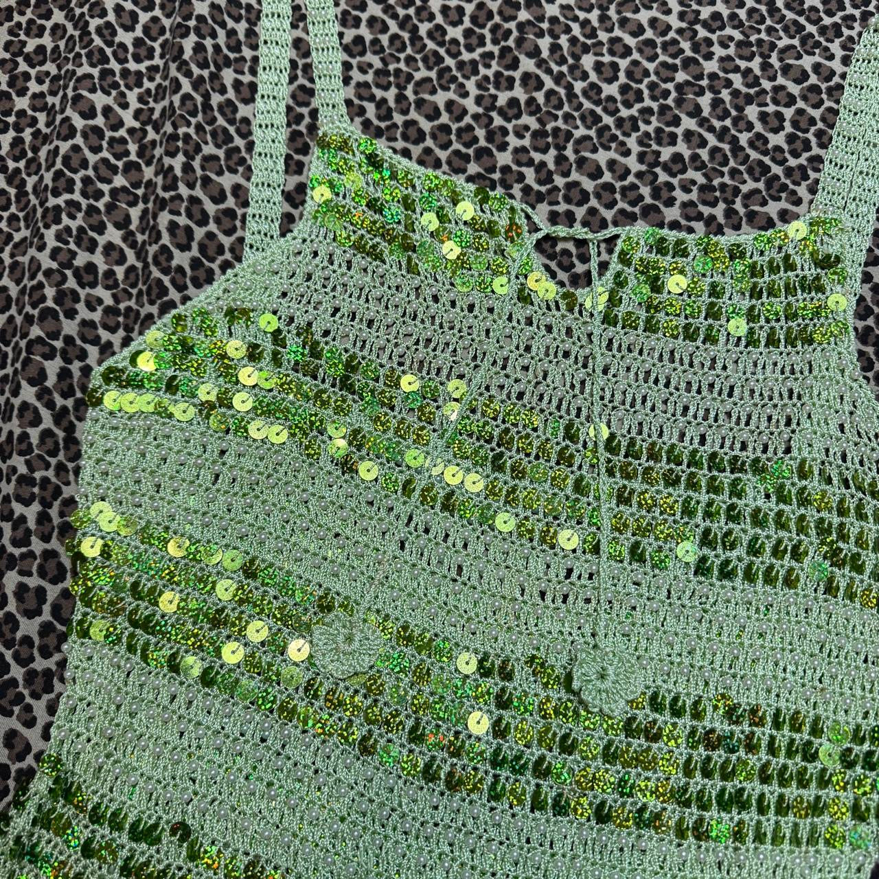 Y2K Sequin & Pearl Embellished Crochet Tank Top (S/M)