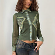 Vintage Italian Olive Sheer Mesh Button up Top (S)