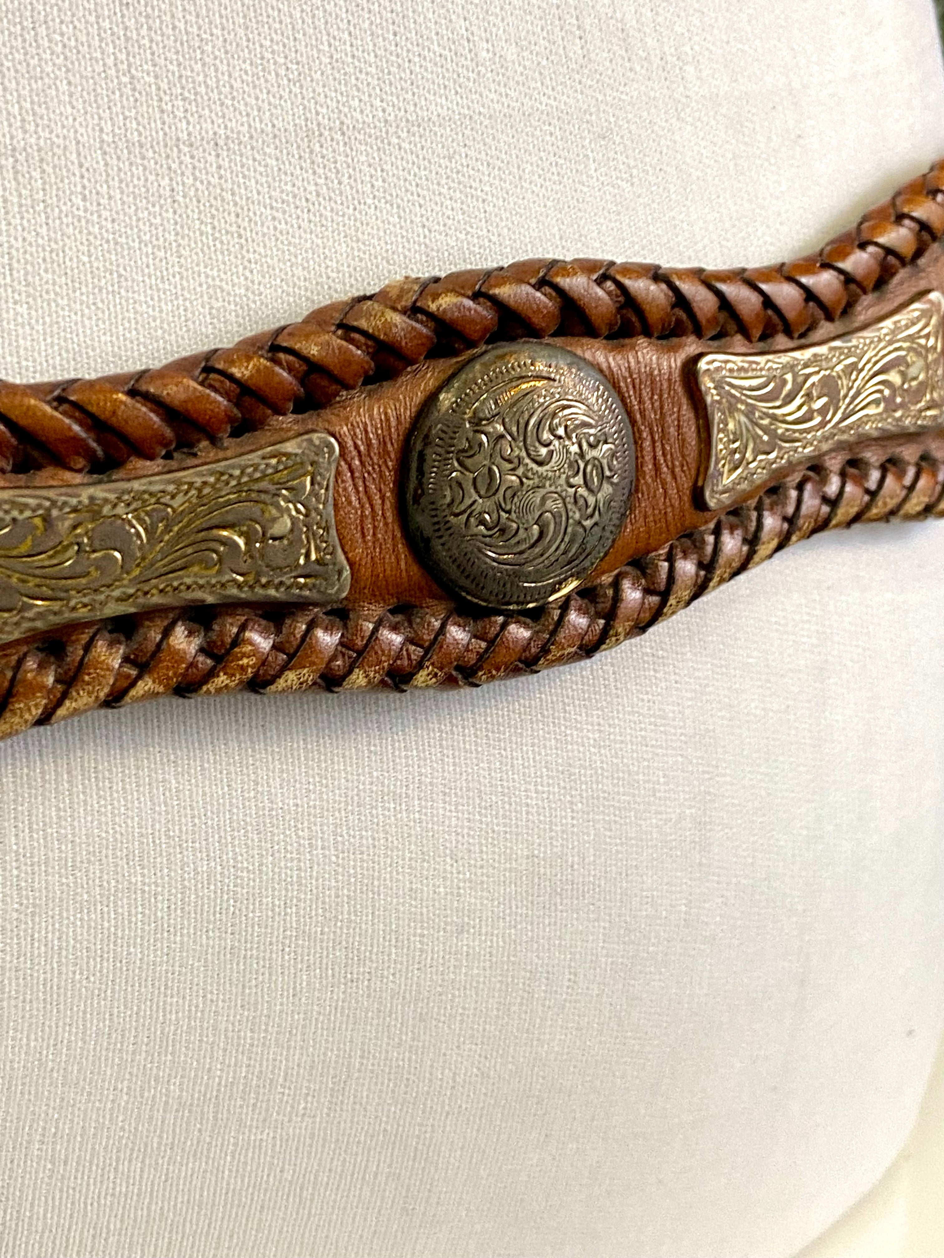 Brown leather belt silver medallions