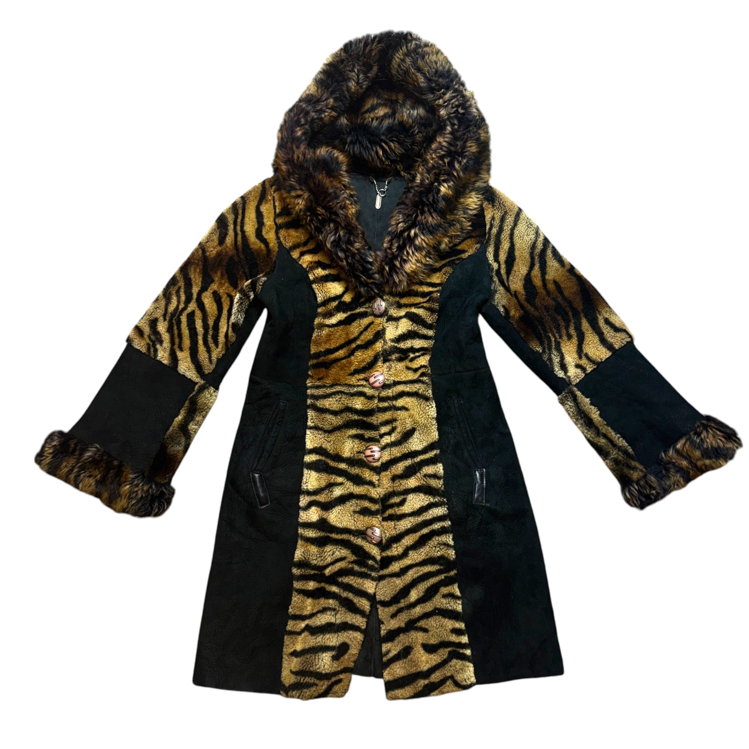 Vintage Genuine Suede & Shearling Tiger Print Fur Coat (L/XL)