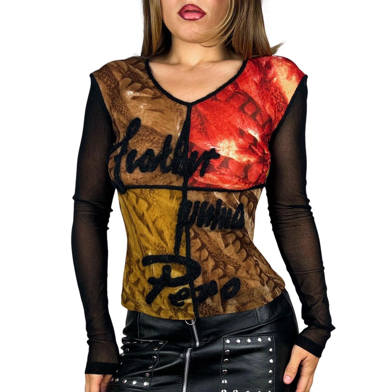 90s Euro Graphic Mesh Long Sleeve  (M)