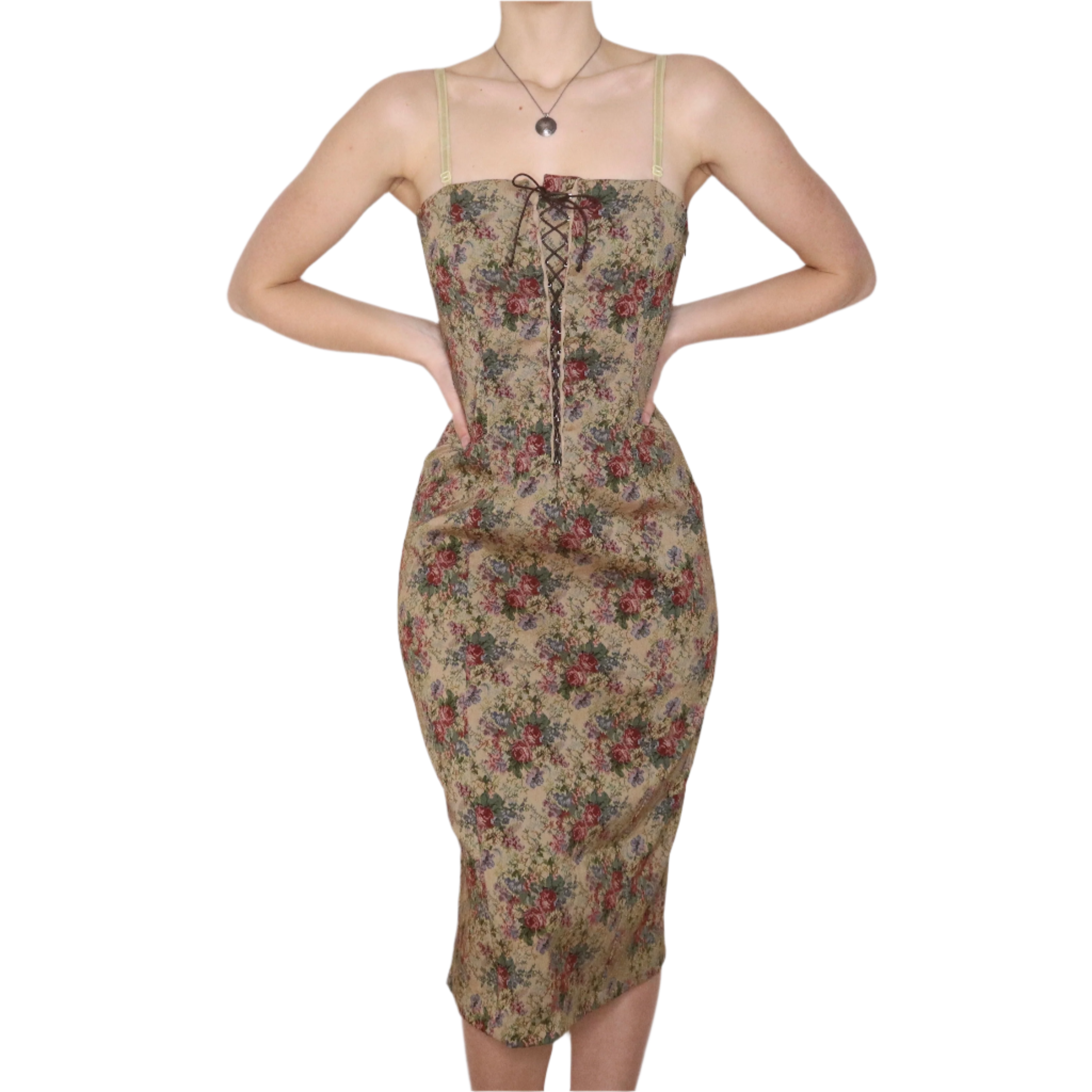 Y2K Italian Floral Tapestry Corset Midi Dress (M)
