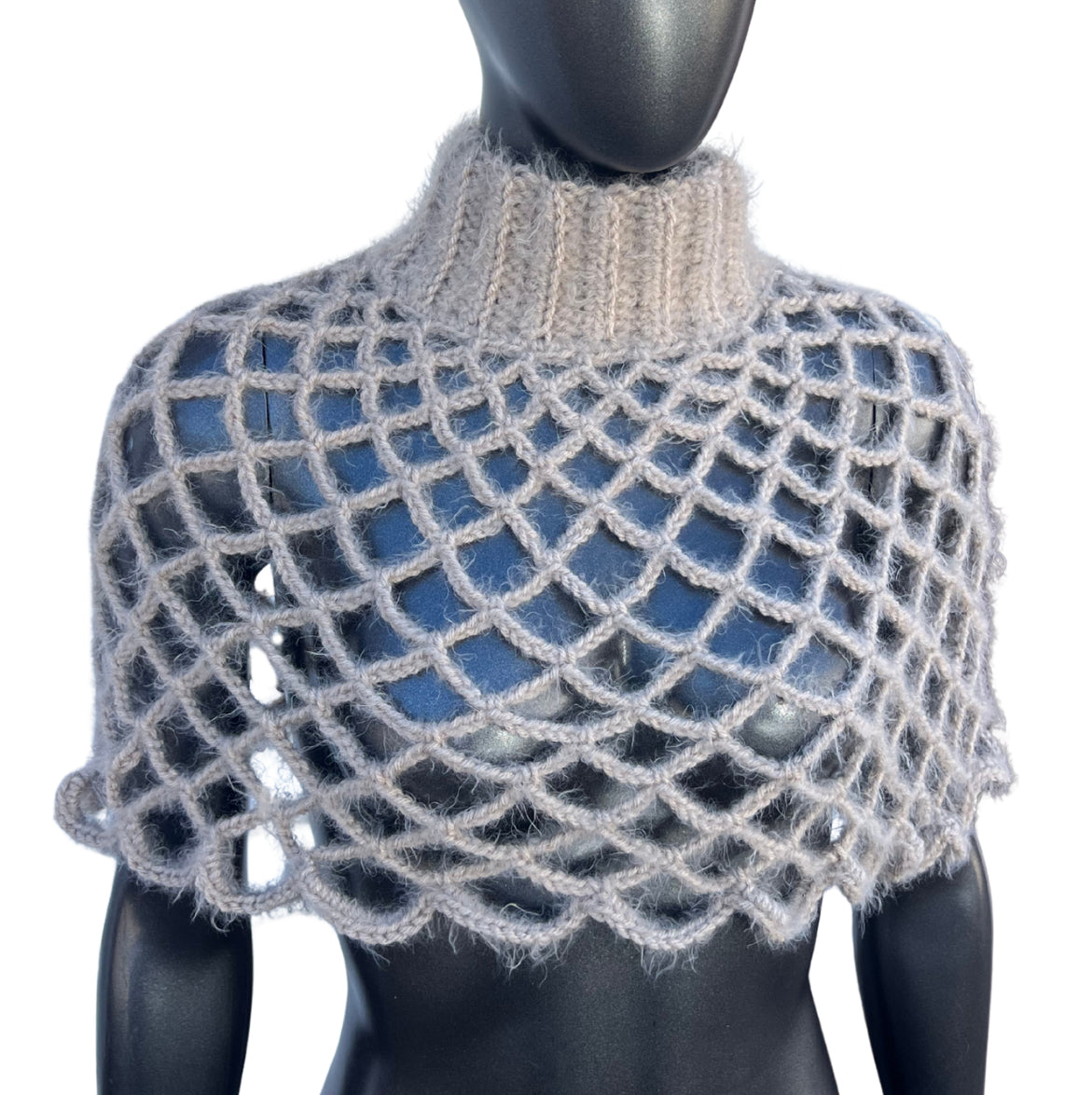 Gray Fuzzy Turtleneck Mesh Shawl (S/M)