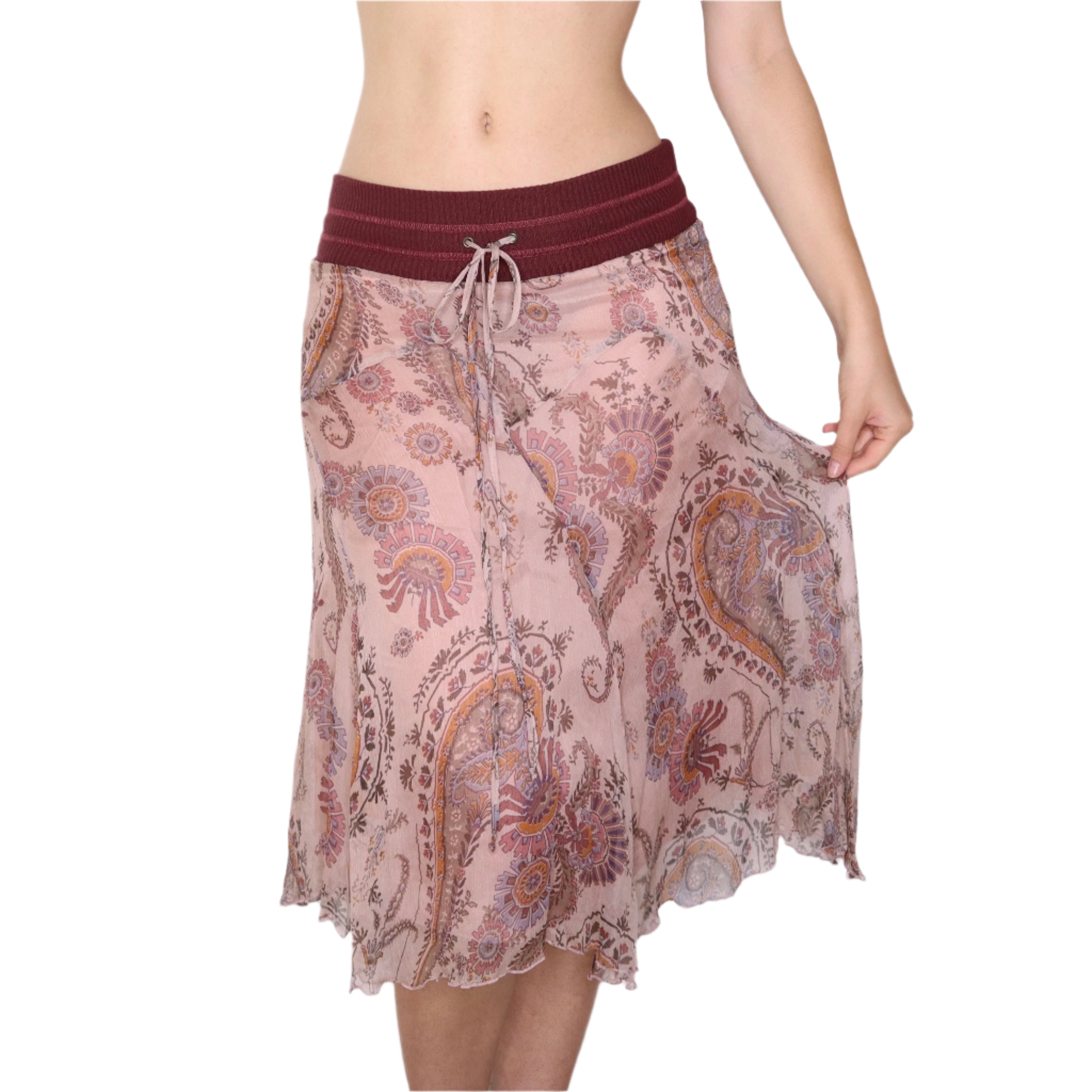 Y2K Pink Silk Chiffon Printed Midi Skirt (XS/S)