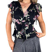 Floral Beaded Silk Ruffle Top (S)