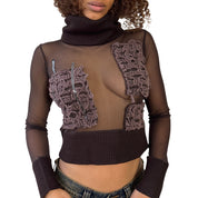 Vintage Euro Sheer Mesh Top with ribbed turtleneck & cuffs (S)