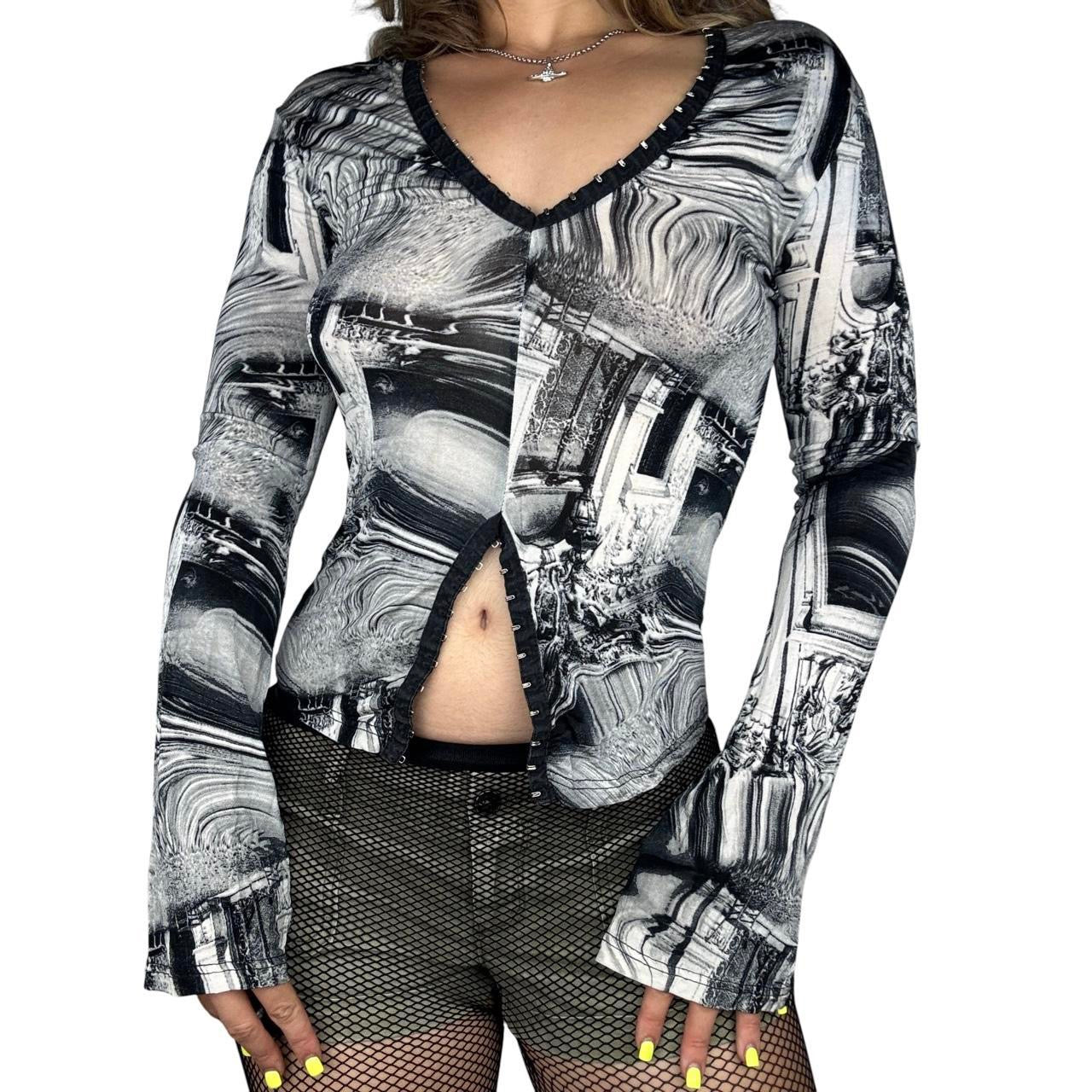 Italian Surrealist Print Eyelet Cutout Long Sleeve (S/M)
