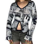 Italian Surrealist Print Eyelet Cutout Long Sleeve (S/M)