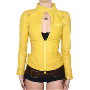 Y2K Sexy Yellow Leather Moto Jacket (XXS)