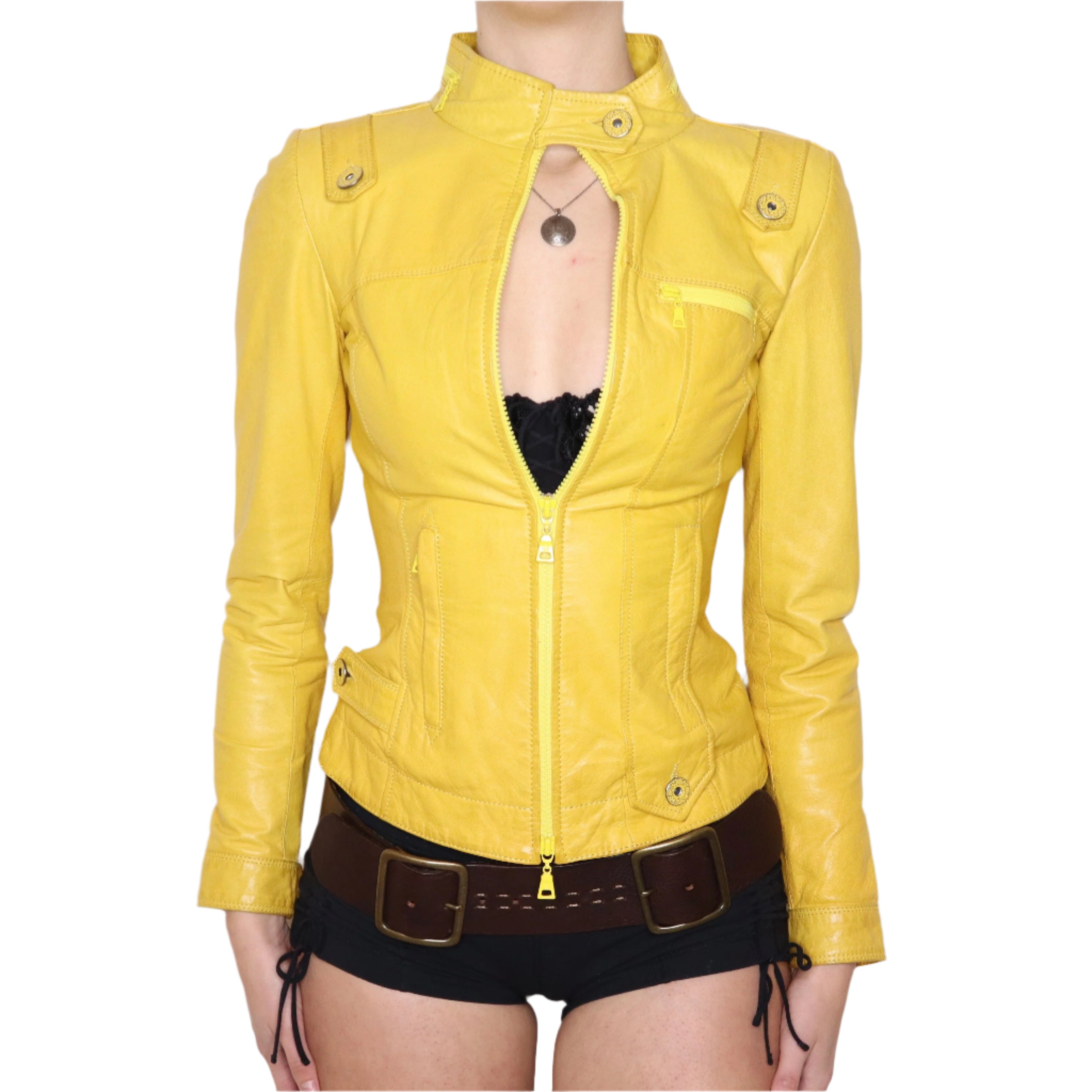 Y2K Sexy Yellow Leather Moto Jacket (XXS)