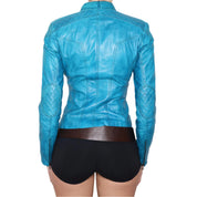 Y2K Sexy Blue Leather Moto Jacket (XS)