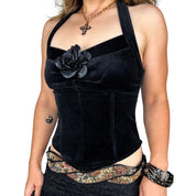 90s Romantic Gothic Black Stretch Velvet Halter Corset Top (M)