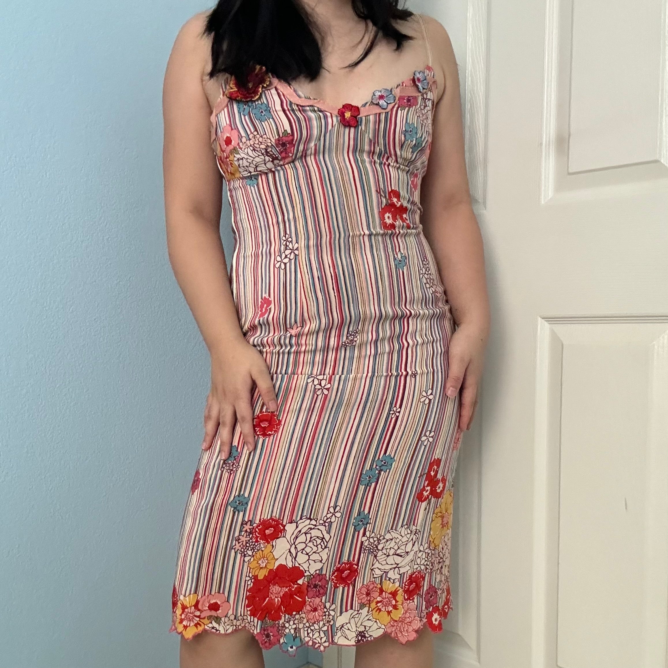 Y2K Silk Striped Floral Dress (M)