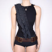 Y2K French Black Mesh Ruffle Tank Top (S)