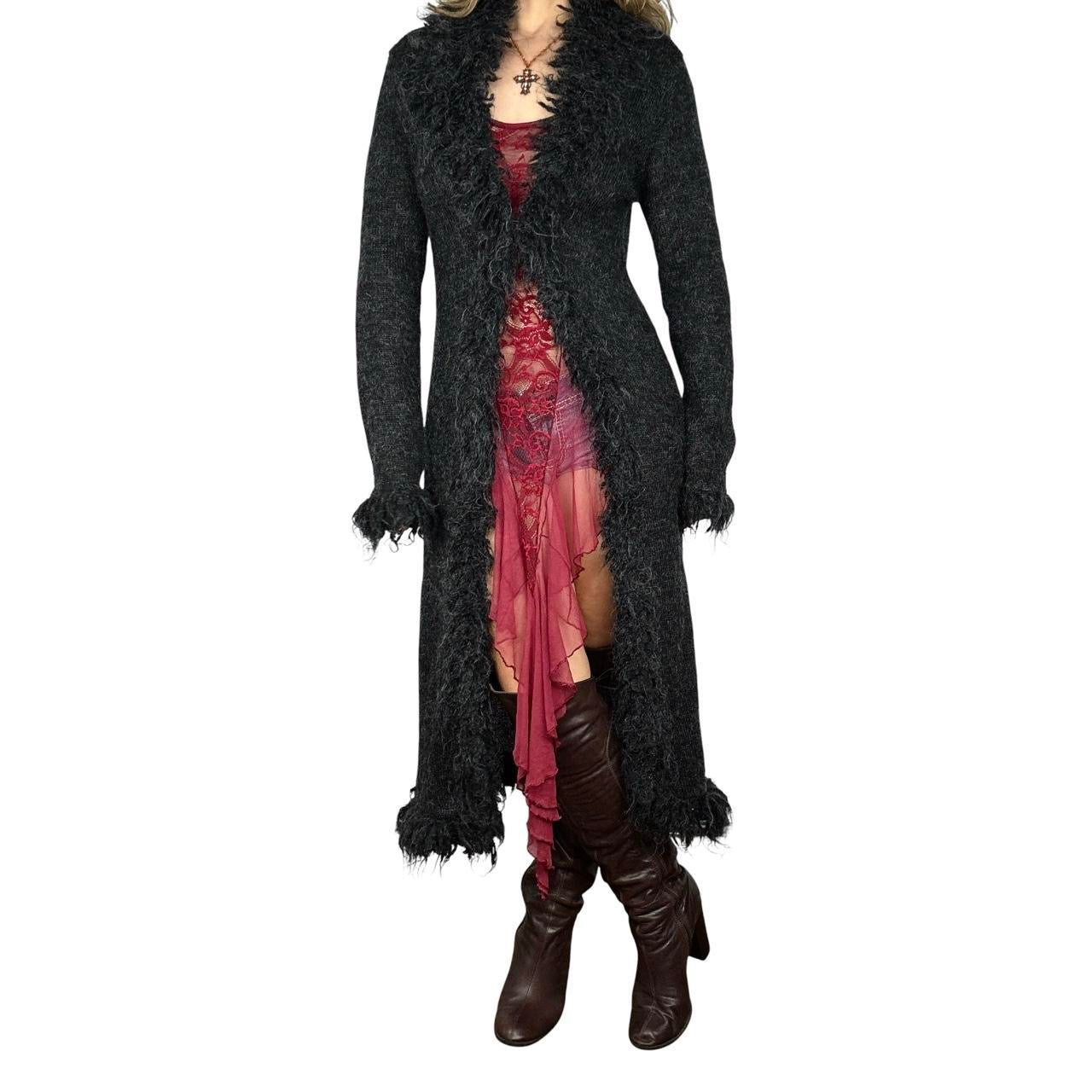 Express Dark Grey Shag Trim Knit Duster Cardigan (M)