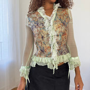 Vintage French Designer Mint Mesh & Brocade Blouse (S/M)