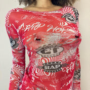 French Vintage Red Graphic Mesh Long Sleeve Top (XS/S)