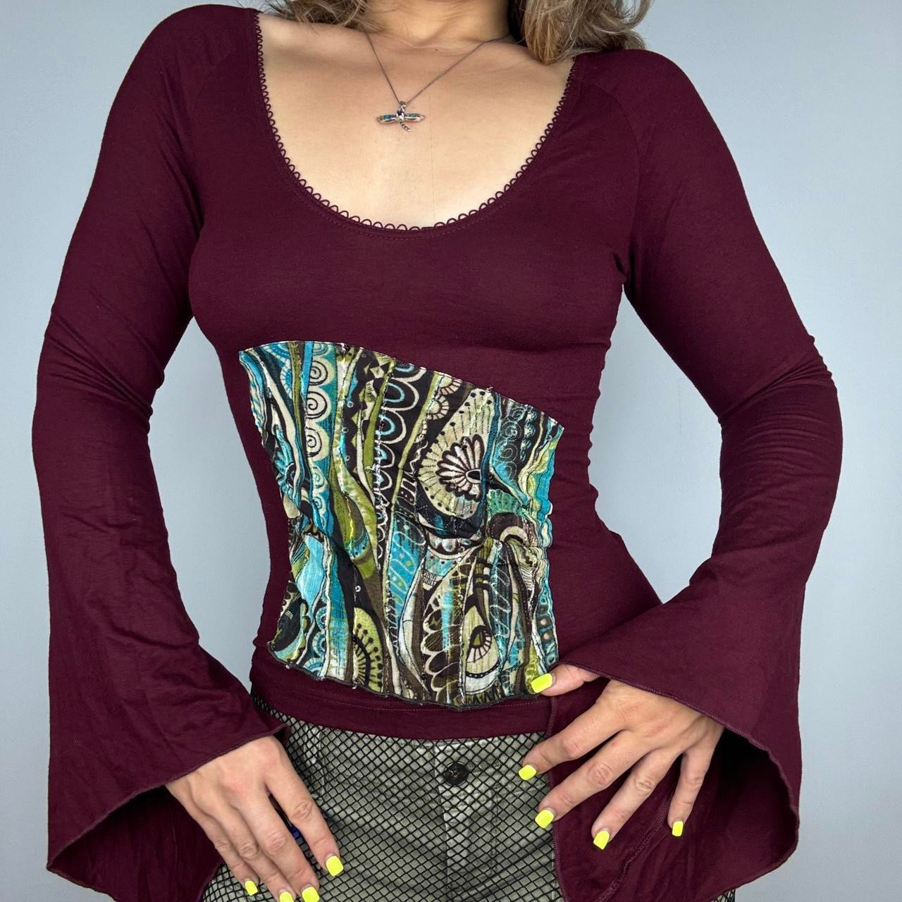 Euro Vintage Burgundy Bell Sleeve Patchwork Accent Top (S)