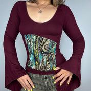 Euro Vintage Burgundy Bell Sleeve Patchwork Accent Top (S)
