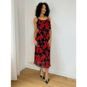 Vintage Red Floral Mesh Midi Dress (M)