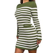 Y2K Olive Striped Sweater Dress (M)