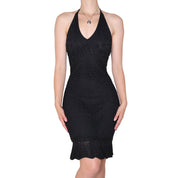 Y2K Beaded Black Crochet Halter Dress (S/M)