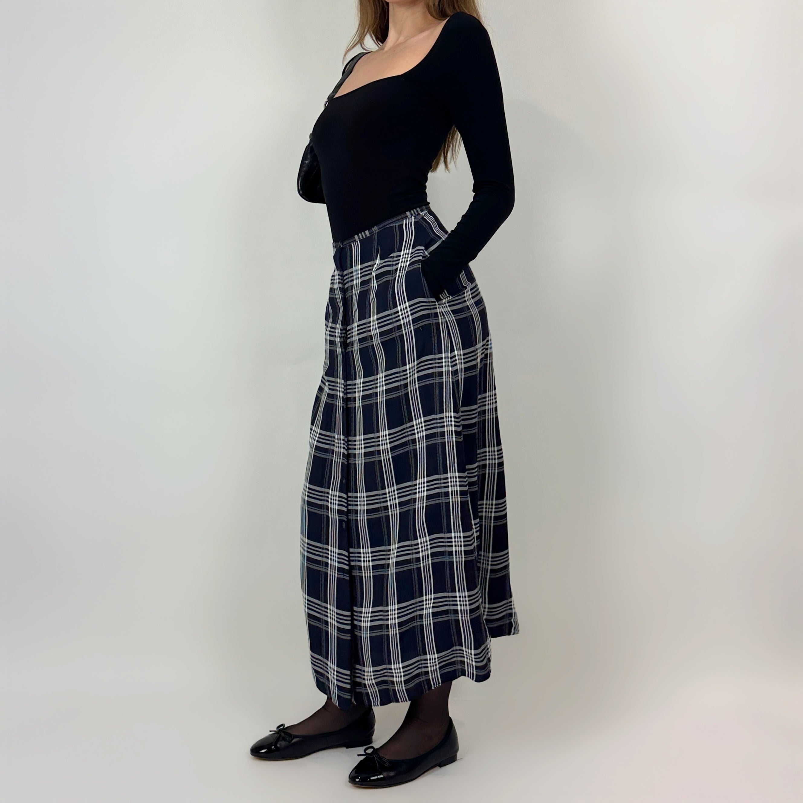 Vintage Navy Plaid Maxi Skirt (S)