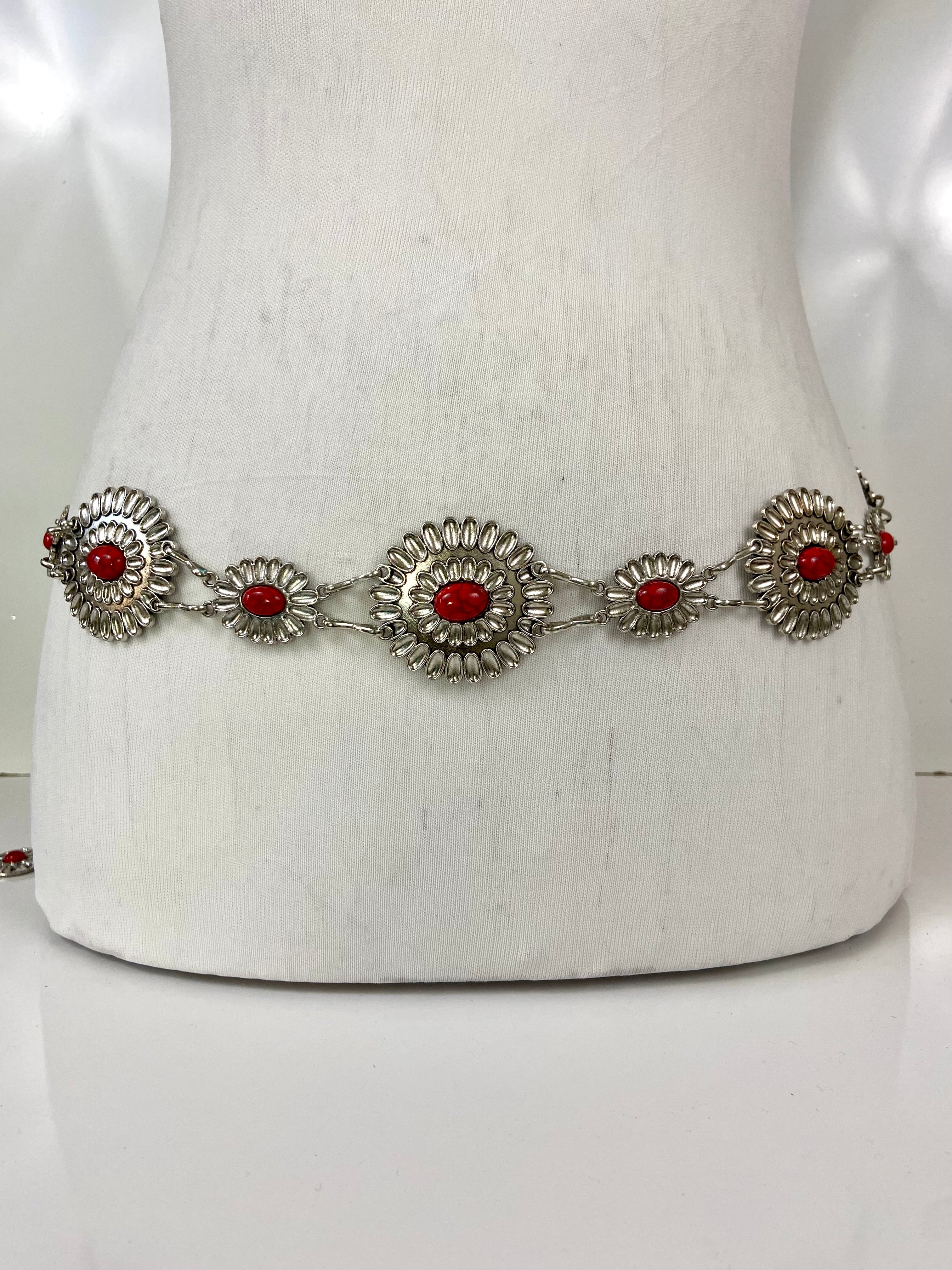 Coral concho silver chain belt