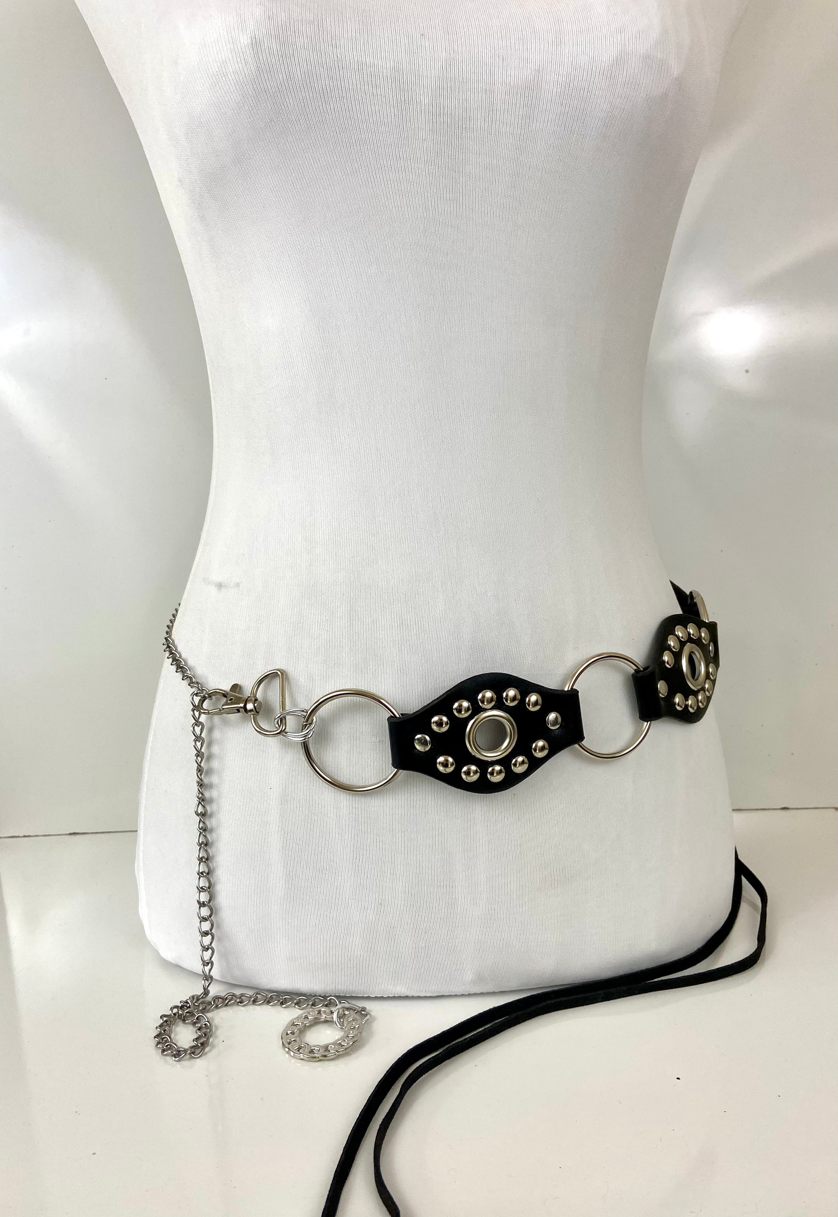 Leather black and silver belt