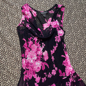 Y2K Pink & Black Floral Handkerchief Hem Midi Dress (XL)