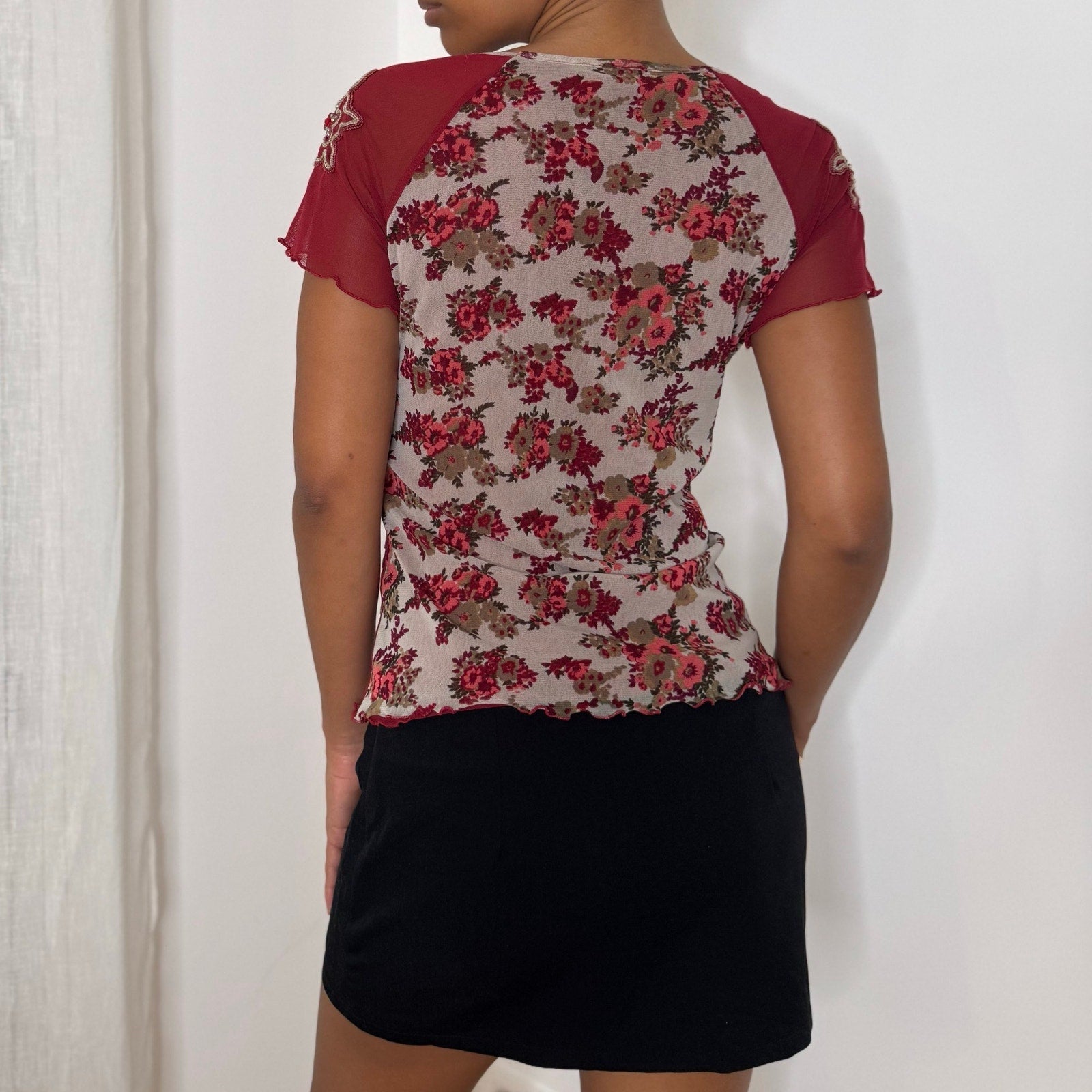 Italian vintage burgundy floral mesh top with beaded sleeves