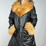 Vintage Genuine Fox Fur Trim Leather Trench Coat (L/XL)